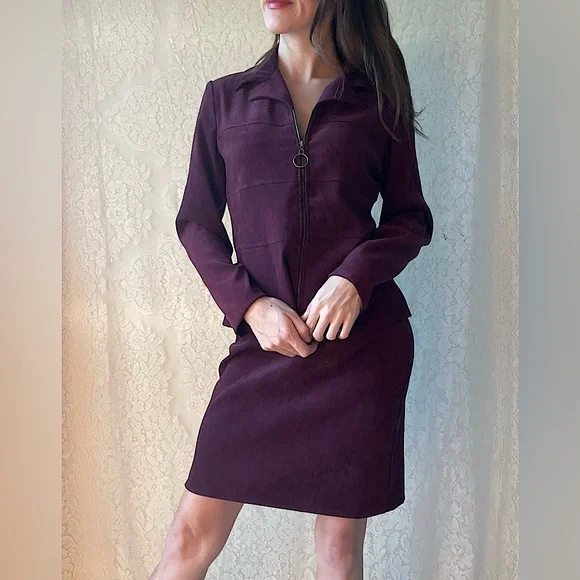 Vintage 90s Burgundy Suede Zip Up Skirt Set DJ & Co Soft Faux Suede Matching Set - Picture 1 of 13